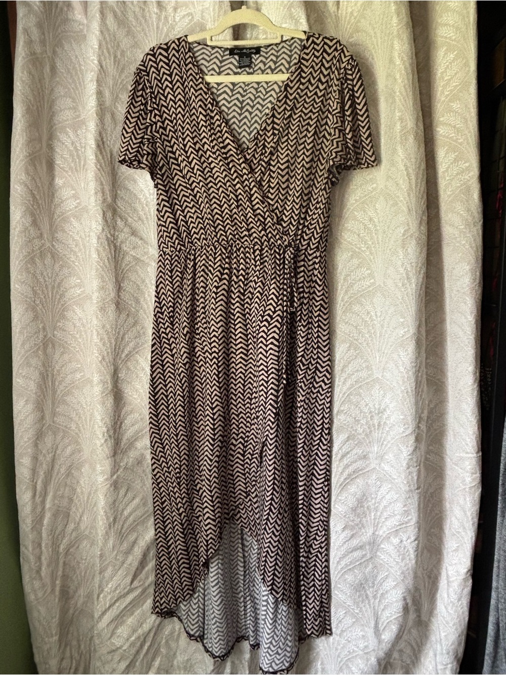 Chevron Faux Wrap High-Low Dress in Black and Tan